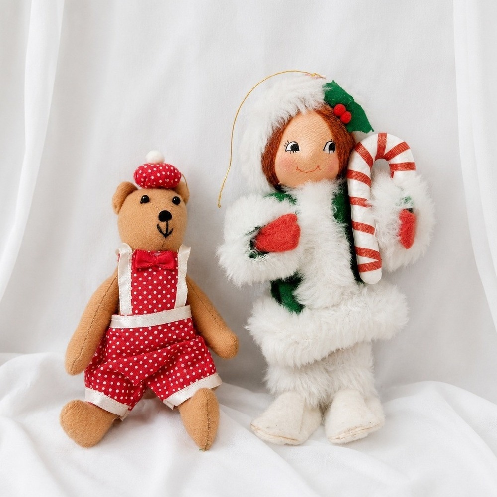Vintage Christmas Ornaments Girl Bear Candy Cane Plush Fabric Folk Art 80s Decor